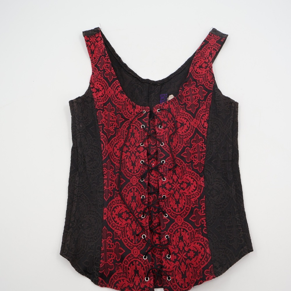 Morbid Threads Corset Top Womens Large Red‎ Black Damask Brocade Lace Up Gothic